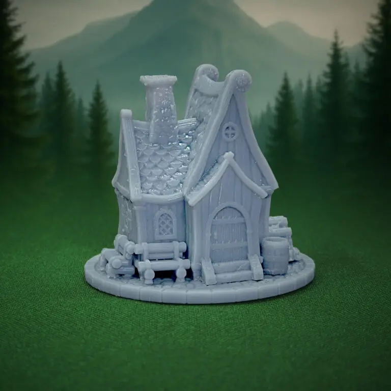 Makieta domku fantasy wydrukowana w technologii druku 3D z żywicy – miniaturowy model z detalami architektonicznymi