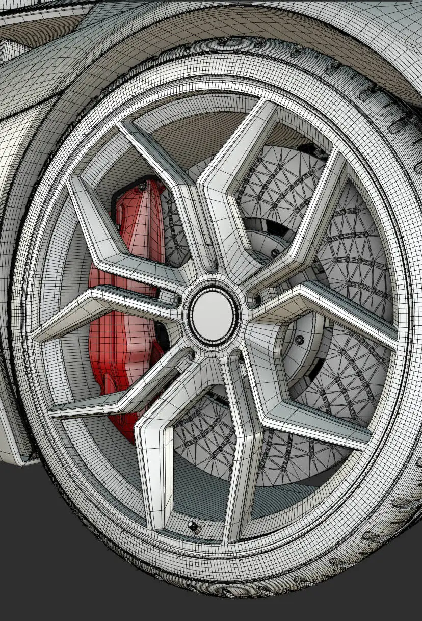 Projekt CAD – model 3D felgi samochodowej z widoczną siatką geometryczną i zaciskiem hamulcowym